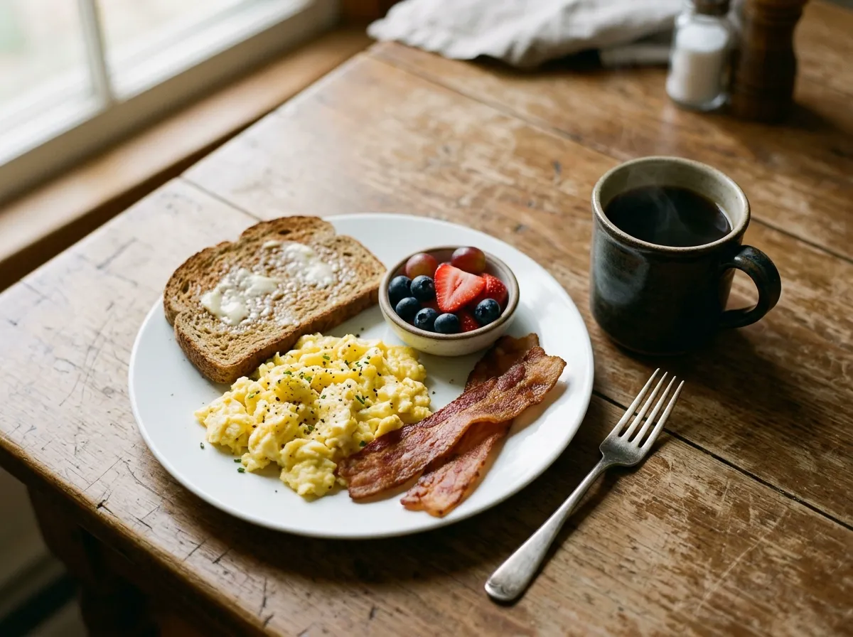A full home breakfast of scrambled eggs, two strips of bacon, buttered toast and a small side of fruit on a plain white plate, with a cup of black coffee beside it on a scratched wooden table in morning light.