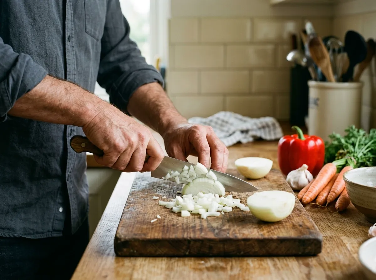 Close view of a pair of hands, cropped at the forearms, chopping an onion with a chef's knife on a worn wooden cutting board, with other raw vegetables waiting beside it.