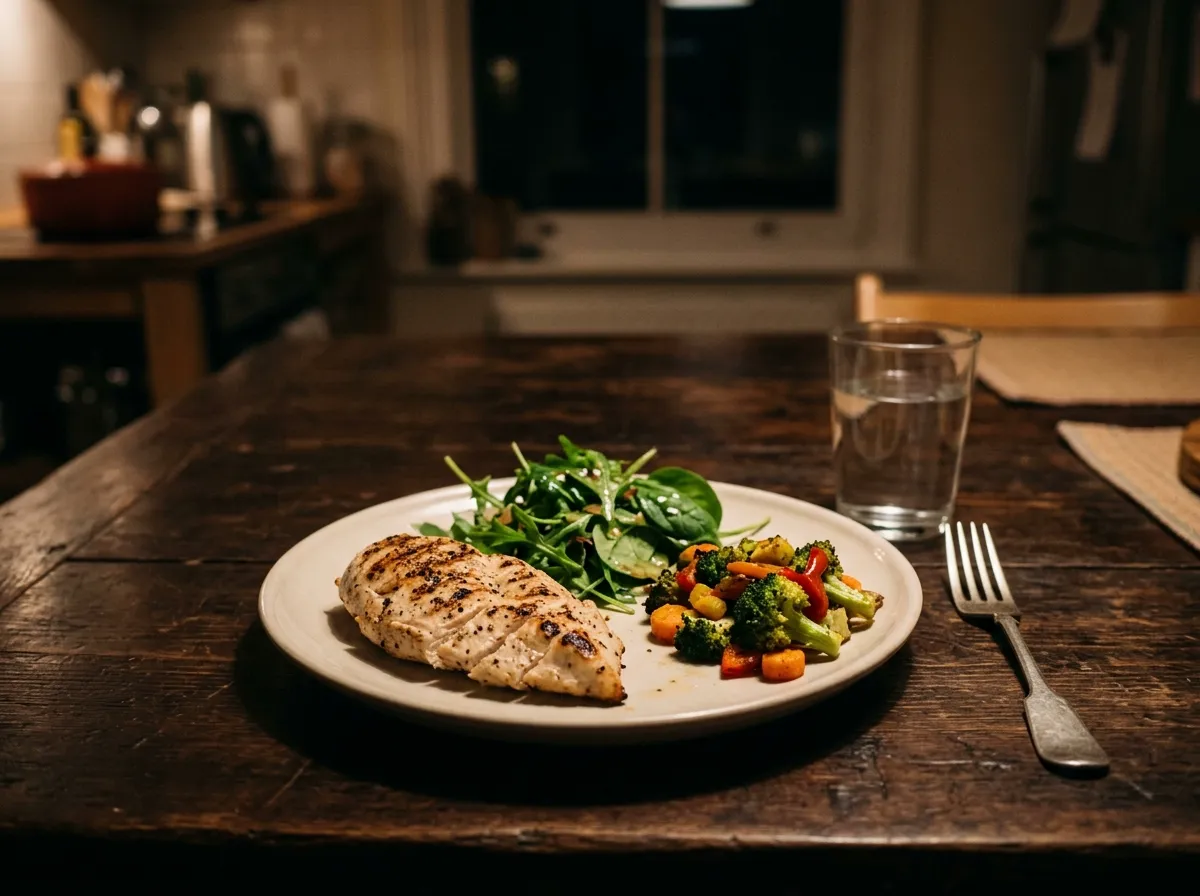 A deliberately light evening meal on a simple plate under warm low kitchen light at night: grilled chicken, a small portion of greens, a few roasted vegetables and a glass of water on a dark wooden table.
