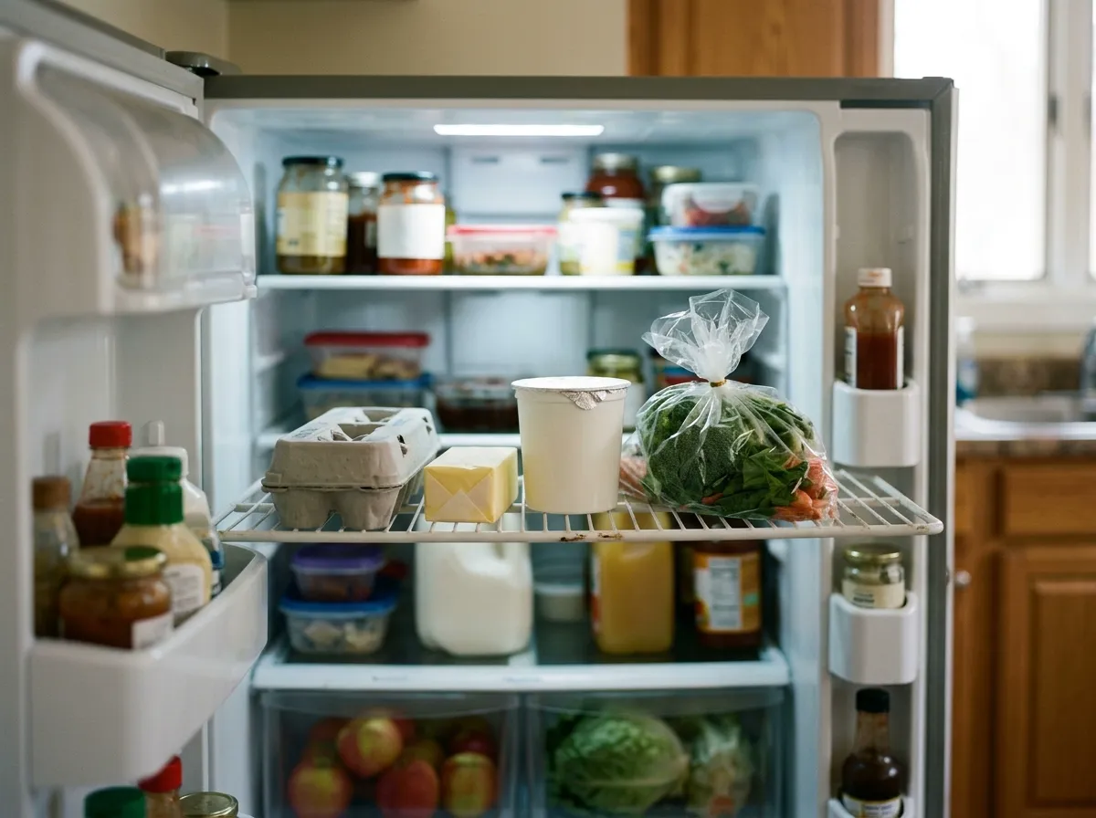 The middle shelf of an ordinary home refrigerator organized so a carton of eggs, a block of butter, plain yogurt and a bag of vegetables sit at the front within easy reach.