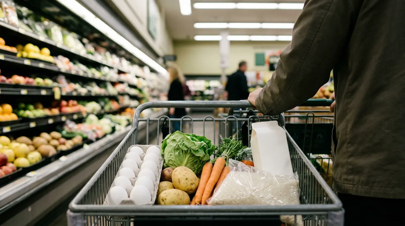 A shopping cart seen from behind in the produce aisle of an ordinary grocery store, holding eggs, vegetables, a bag of rice and a carton of milk, with shelving stretching ahead under overhead lighting.
