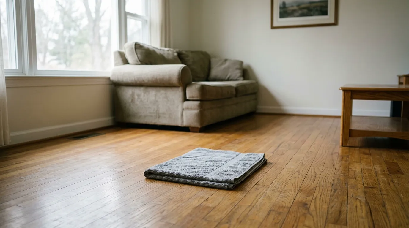 A cleared patch of hardwood floor in an ordinary living room, with a folded towel laid flat, the couch pushed back and the coffee table moved aside, morning light coming through a window. There is no equipment of any kind in the room.