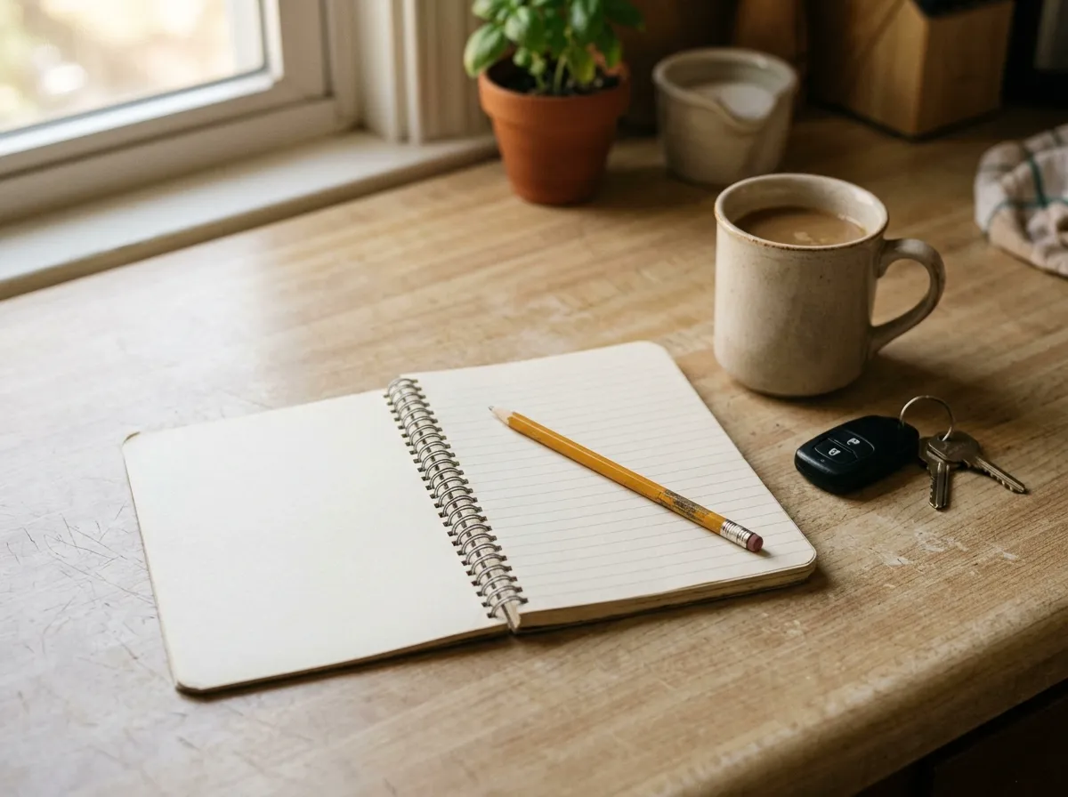 A small spiral notebook lying open to a blank page on a worn kitchen counter, with a yellow pencil resting across it, a coffee mug and a set of car keys beside it in morning light.