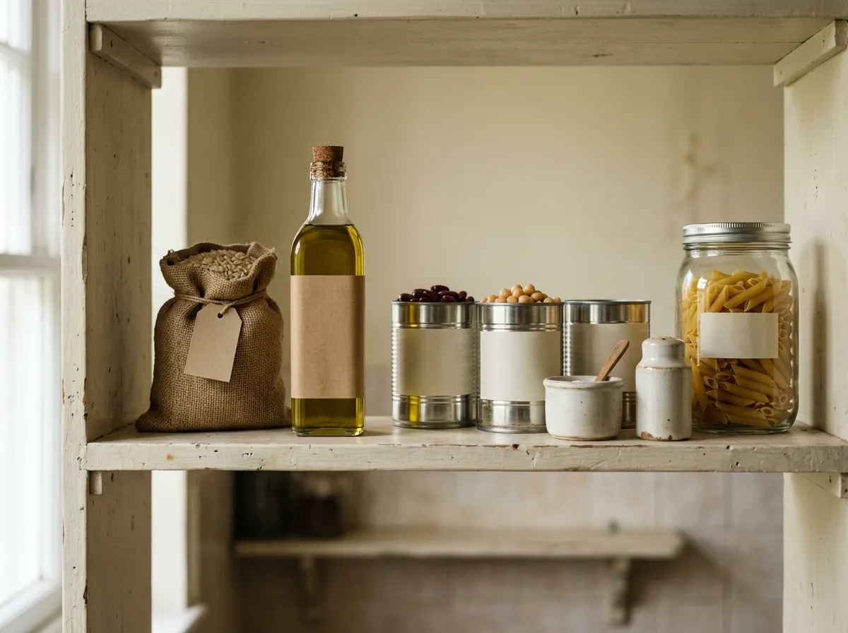 A plain painted wooden pantry shelf holding a bottle of olive oil, a bag of rice, two cans of beans, salt and pepper shakers and a jar of dried pasta, in soft indoor light.