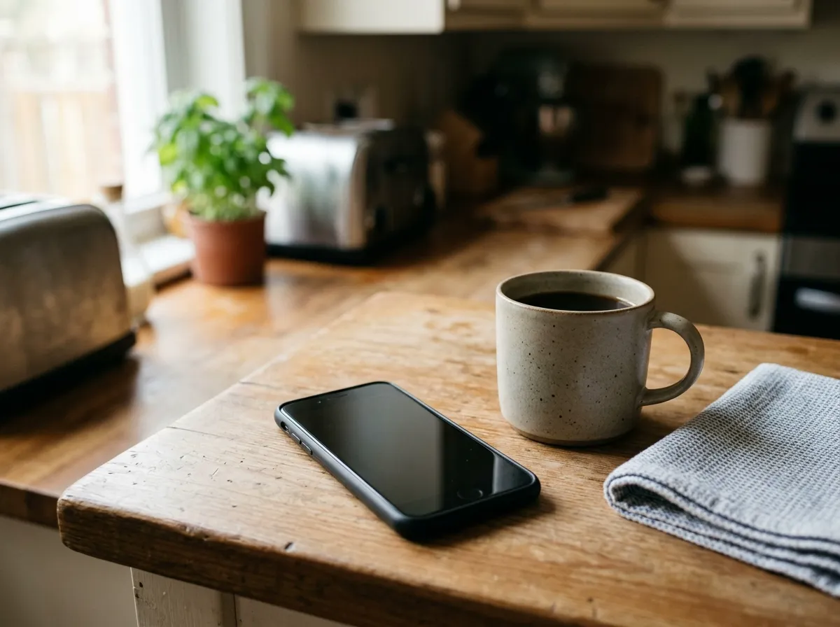 A smartphone lying face up with a completely blank dark screen on a kitchen counter, next to a coffee mug and a folded dish towel in side light.