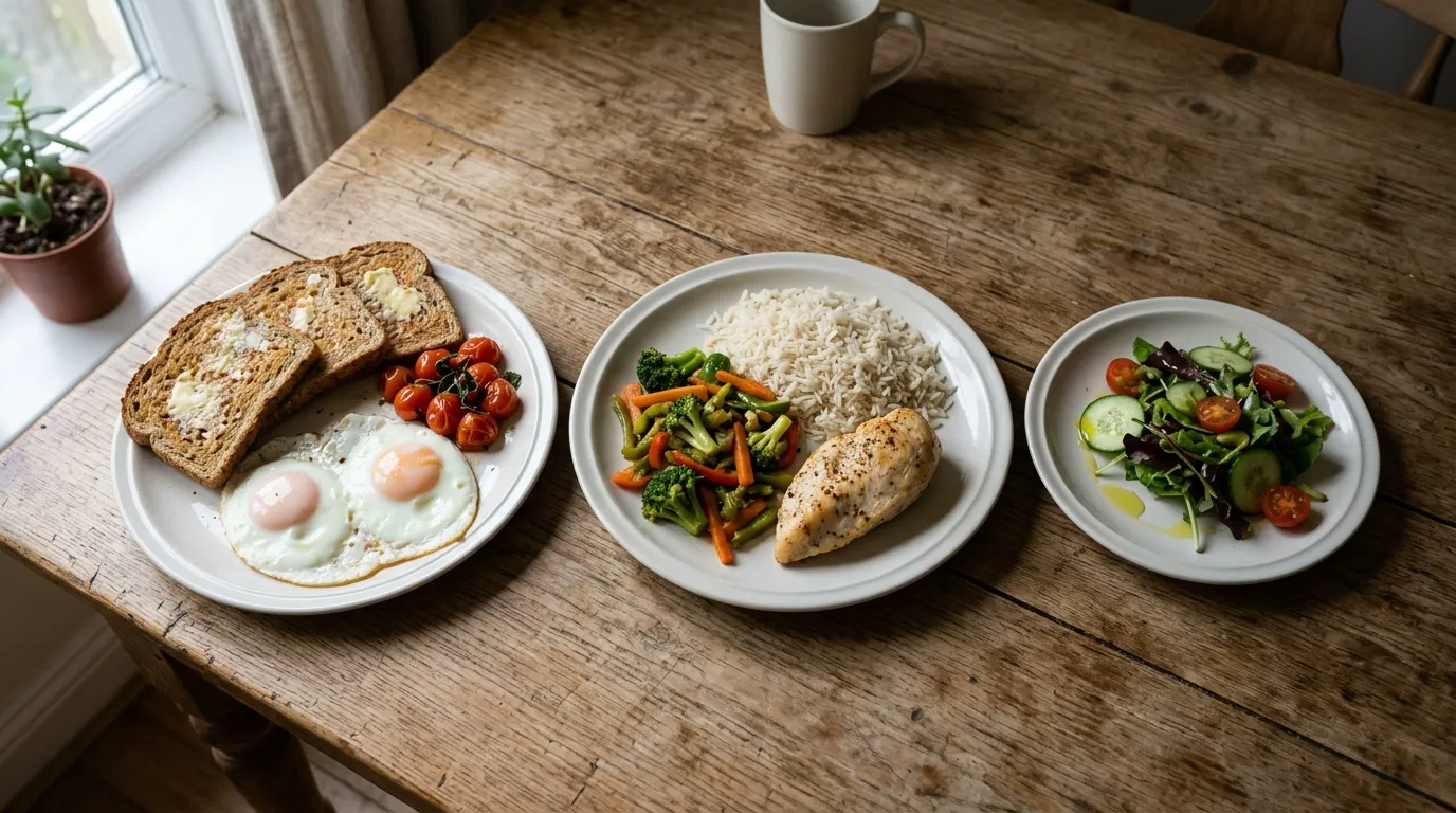 Three plates of everyday home food in a row on a wooden table: a full plate of eggs and toast on the left, a moderate plate of rice and vegetables in the middle, and a small plate with a light salad on the right.