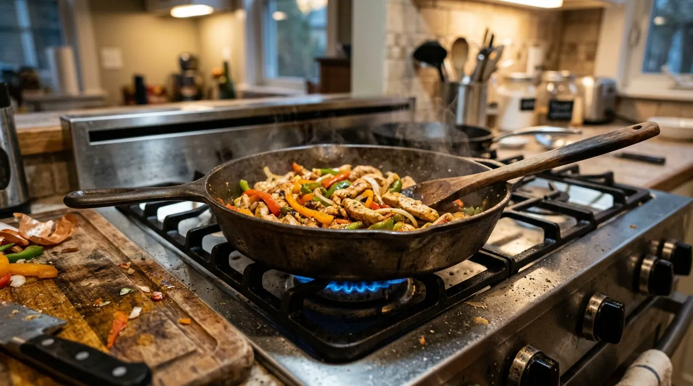 A single large cast-iron skillet on a gas stovetop with sliced chicken, onions and peppers cooking in it, a wooden spoon resting against the rim and a used cutting board at the edge of the counter.